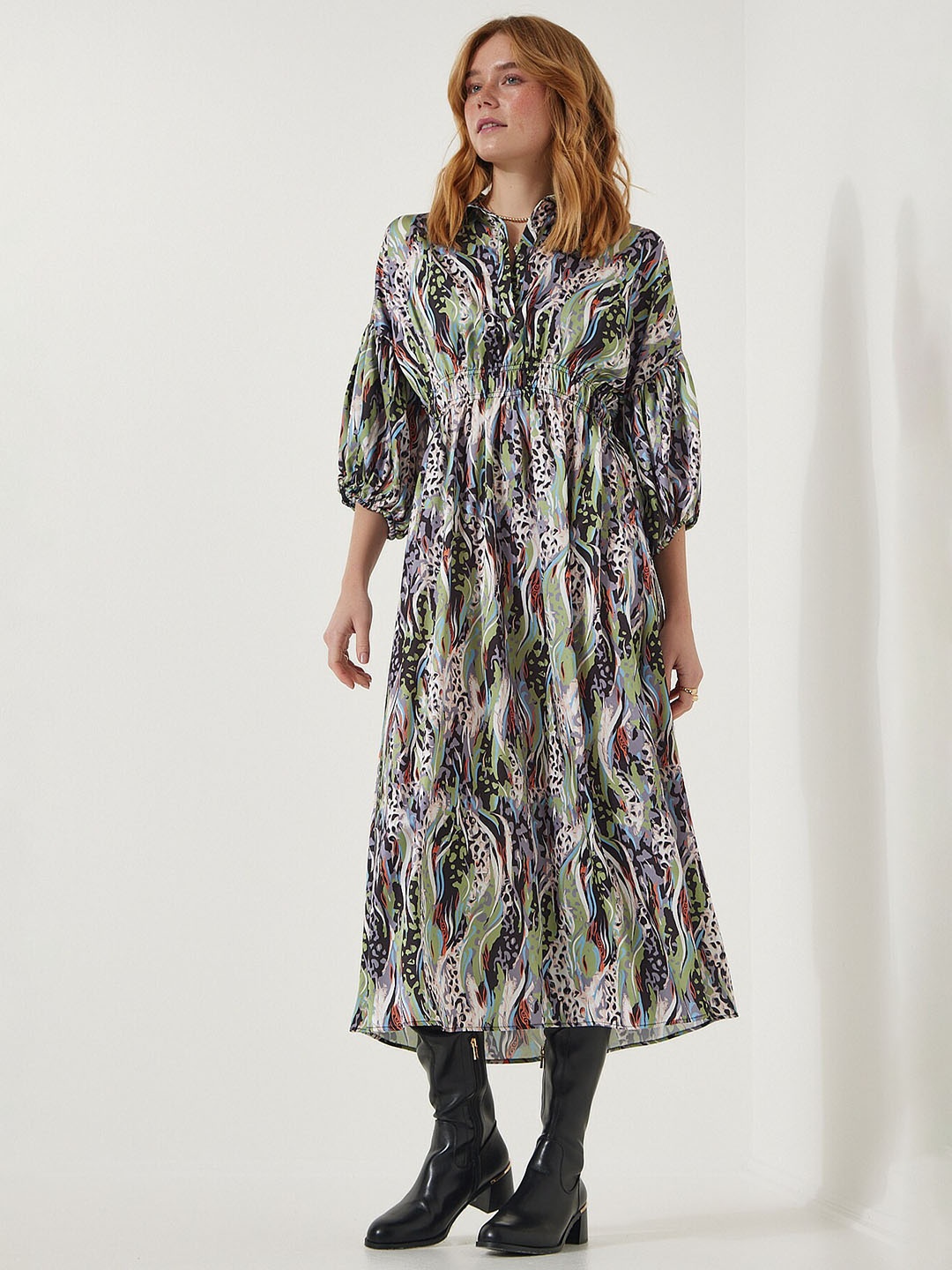 

Happiness istanbul Black Tropical Printed Puff Sleeve Midi Dress