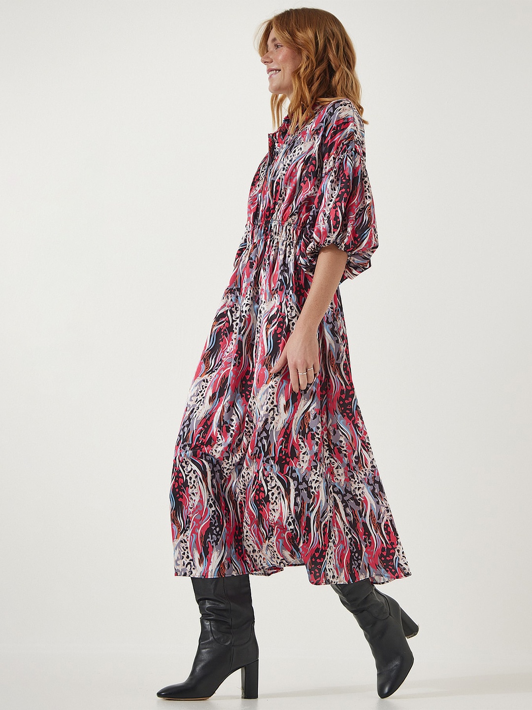 

Happiness istanbul Ethnic Motifs Print Flared Sleeve A-Line Midi Dress, Red