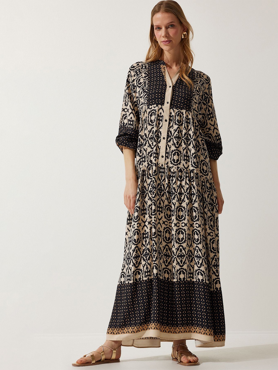 

Happiness istanbul Ethnic Motifs Printed Puff Sleeve Maxi Dress, Black