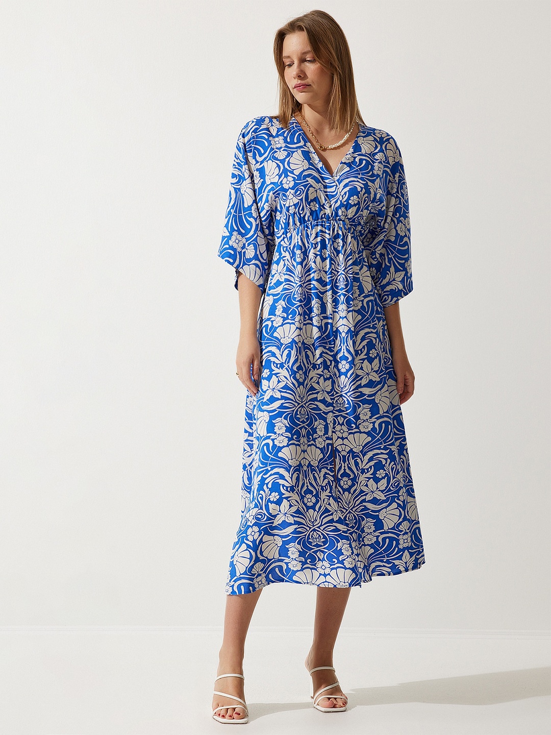 

Happiness istanbul Floral Printed V-Neck A-Line Dress, Blue