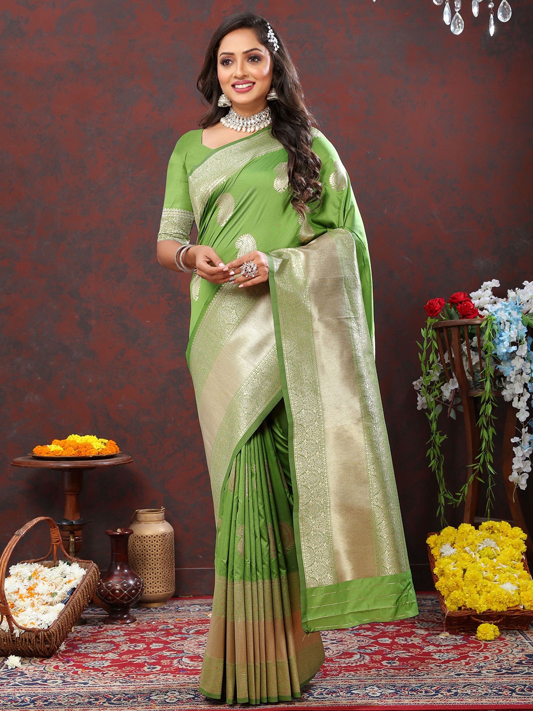 

KALINI Ethnic Motifs Zari Pure Silk Banarasi Saree, Green