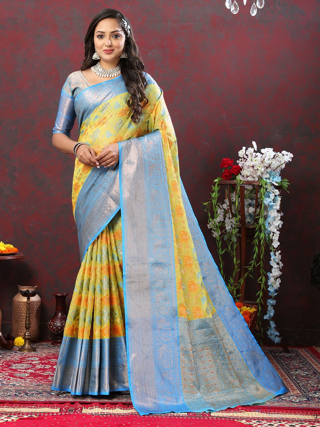 

KALINI Ethnic Motifs Zari Pure Cotton Patola Saree, Yellow