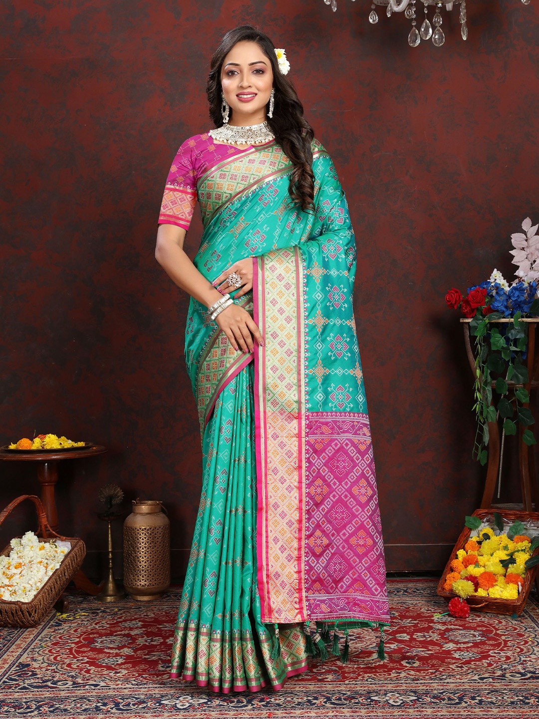 

KALINI Ethnic Motifs Zari Pure Silk Patola Saree, Blue