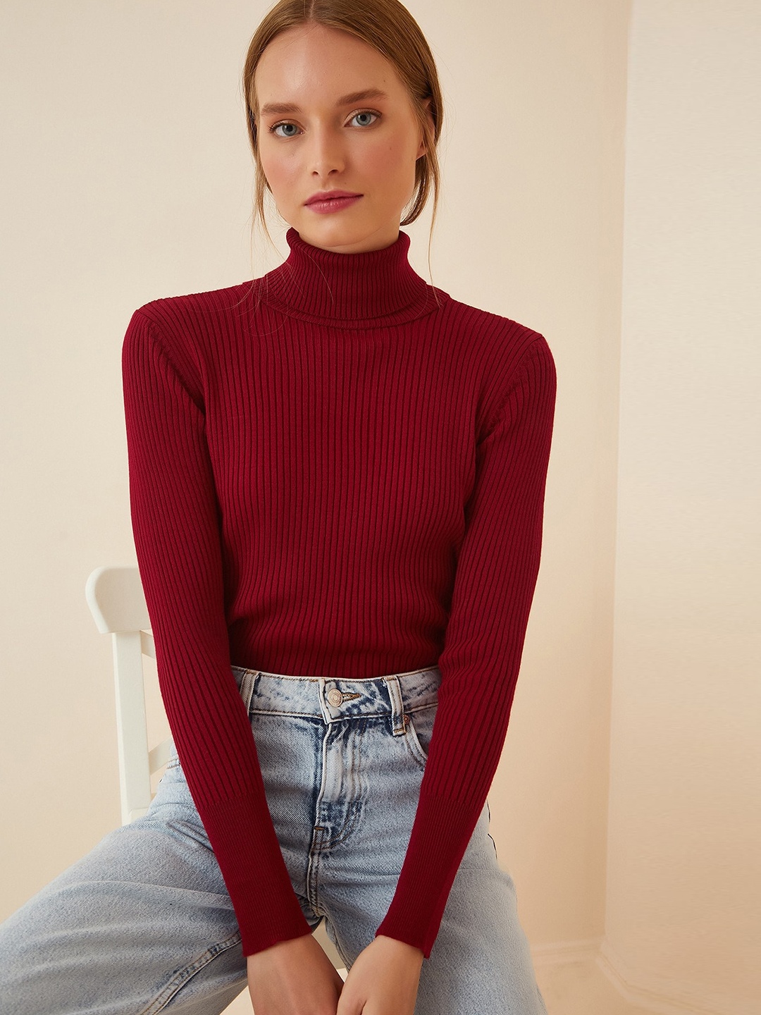 

Happiness istanbul Striped Turtle Neck Ribbed Acrylic Pullover Sweater, Burgundy