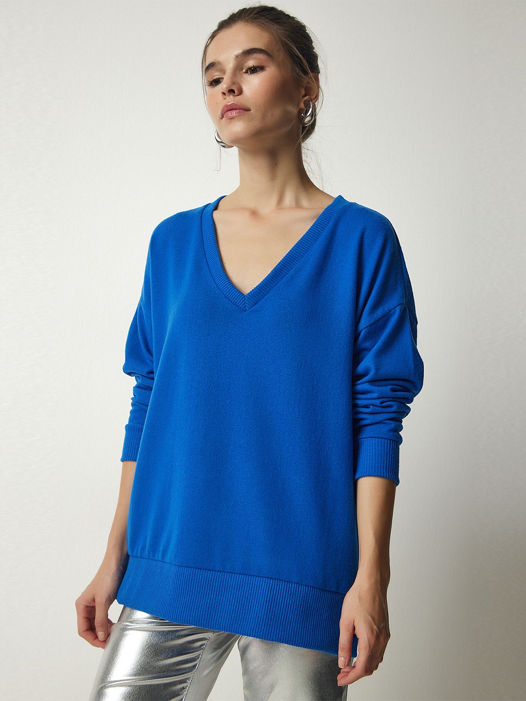 

Happiness istanbul V-Neck Ribbed Pullover Sweater, Blue