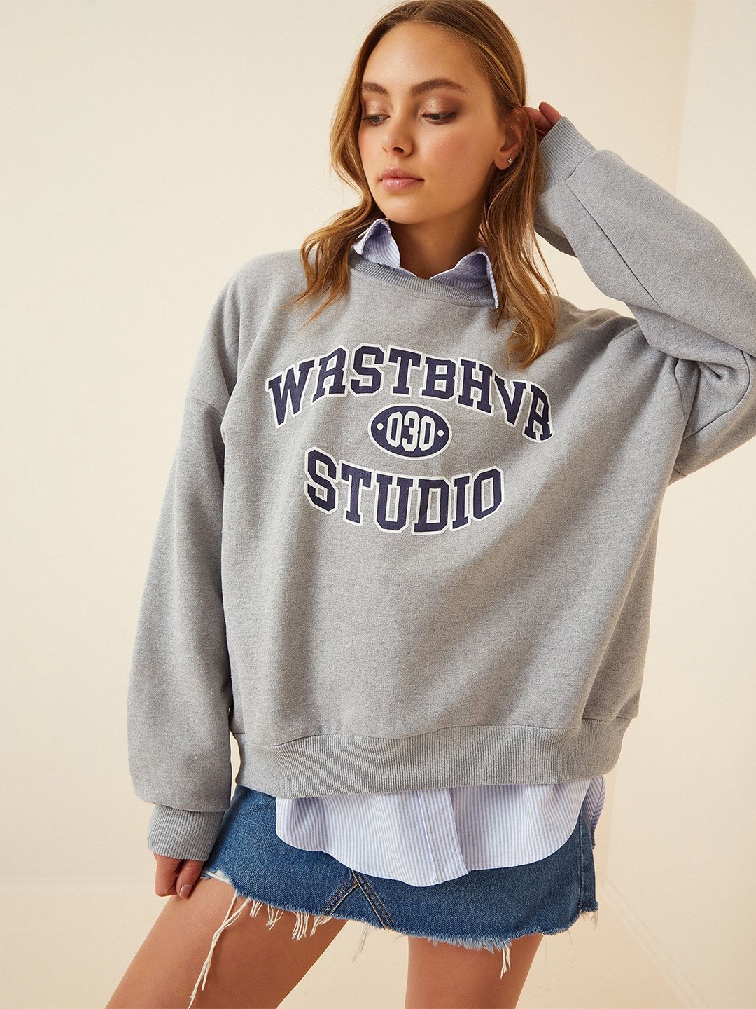 

Happiness istanbul Printed Round Neck Long Sleeves Cotton Sweatshirt, Na