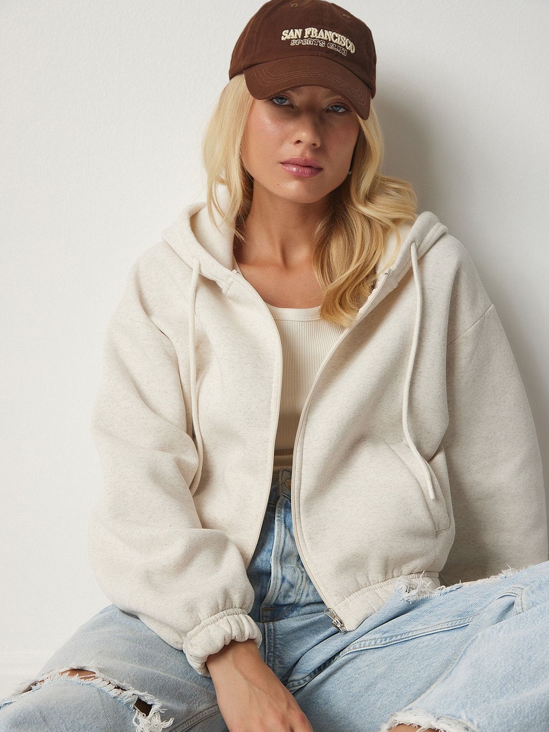 

Happiness istanbul Hood Front-Open Straight Cotton Sweatshirt, Na