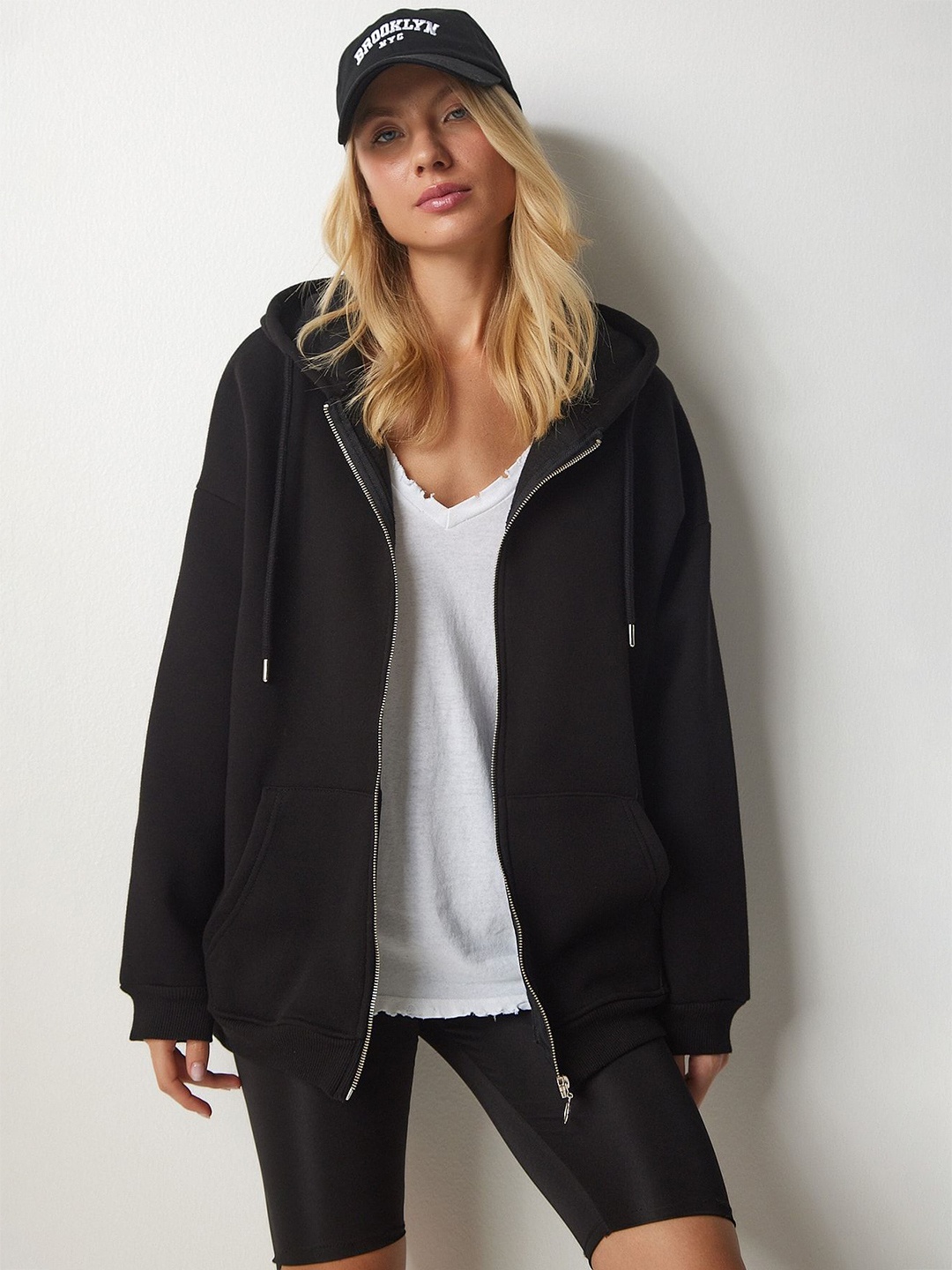 

Happiness istanbul Hood Front-Open Long Sleeves Straight Cotton Sweatshirt, Na