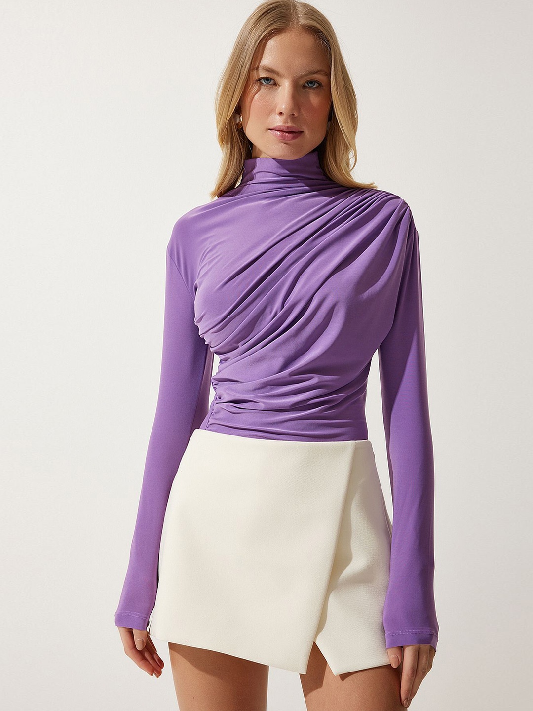 

Happiness istanbul Solid Gathered High Neck Top, Purple