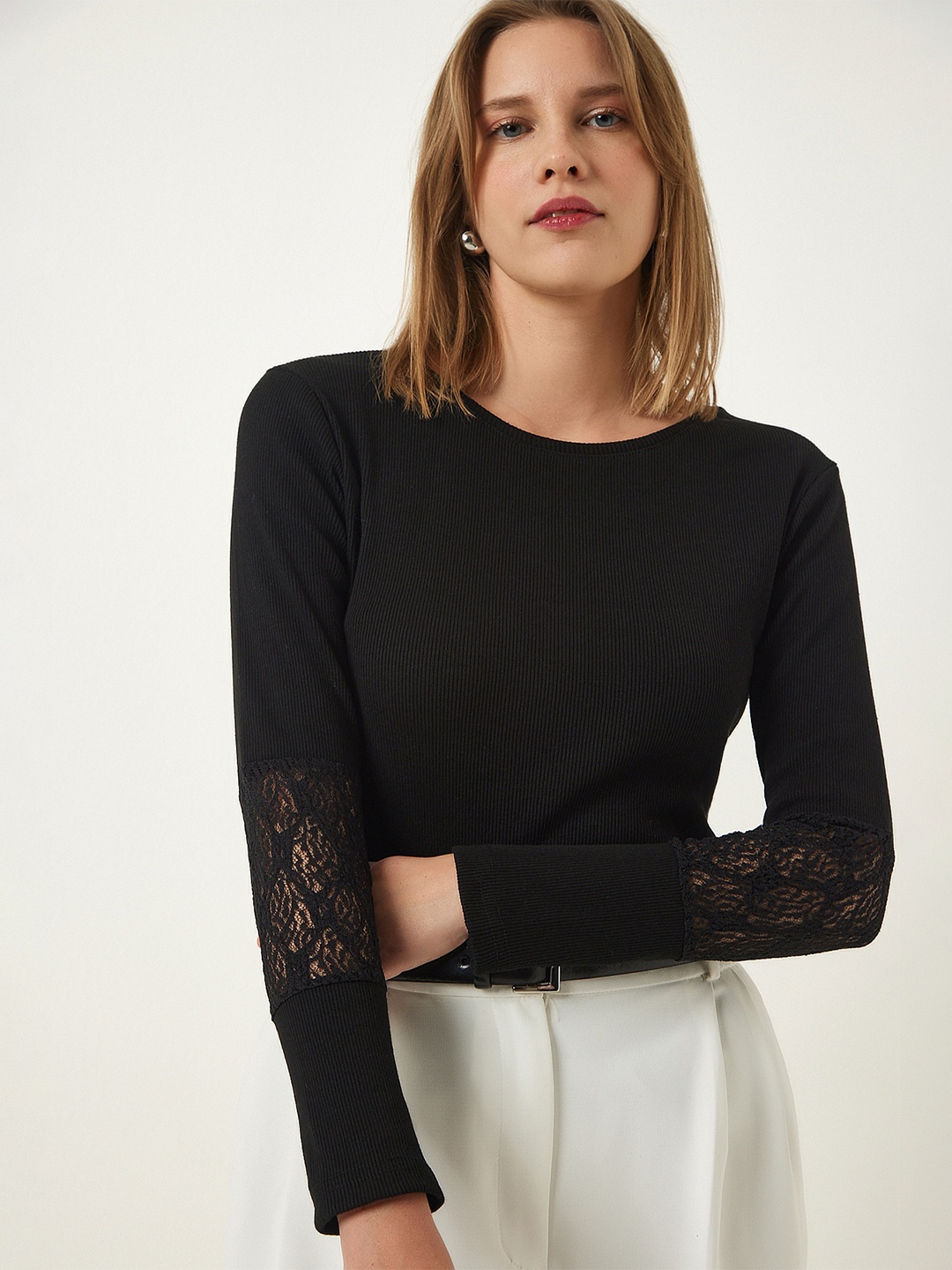 

Happiness istanbul Self Design Long Sleeves Top, Black