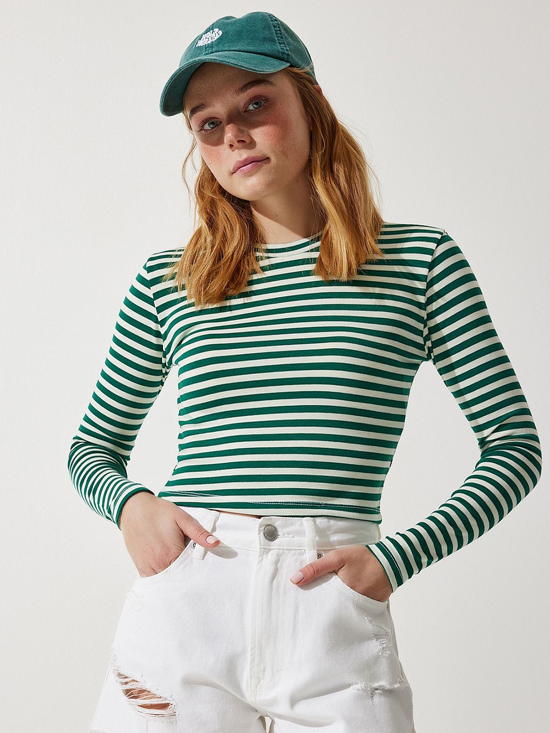 

Happiness istanbul Striped Round Neck Top, Green