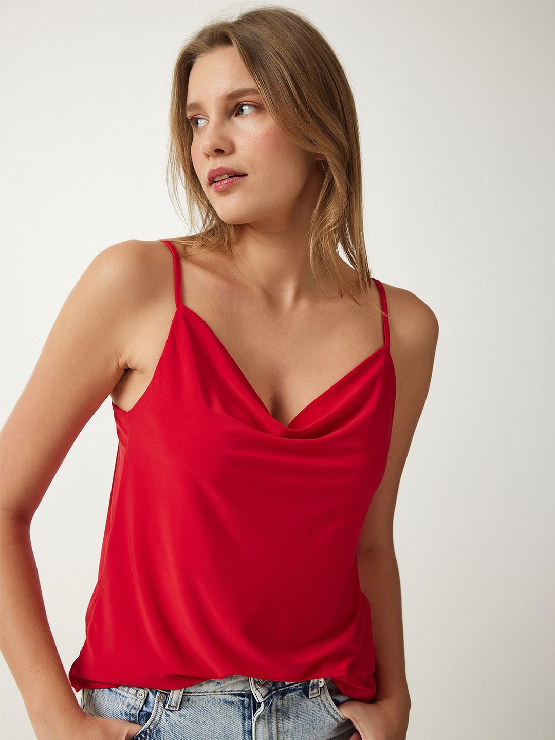 

Happiness istanbul Cowl Neck Sleeveless Top, Red