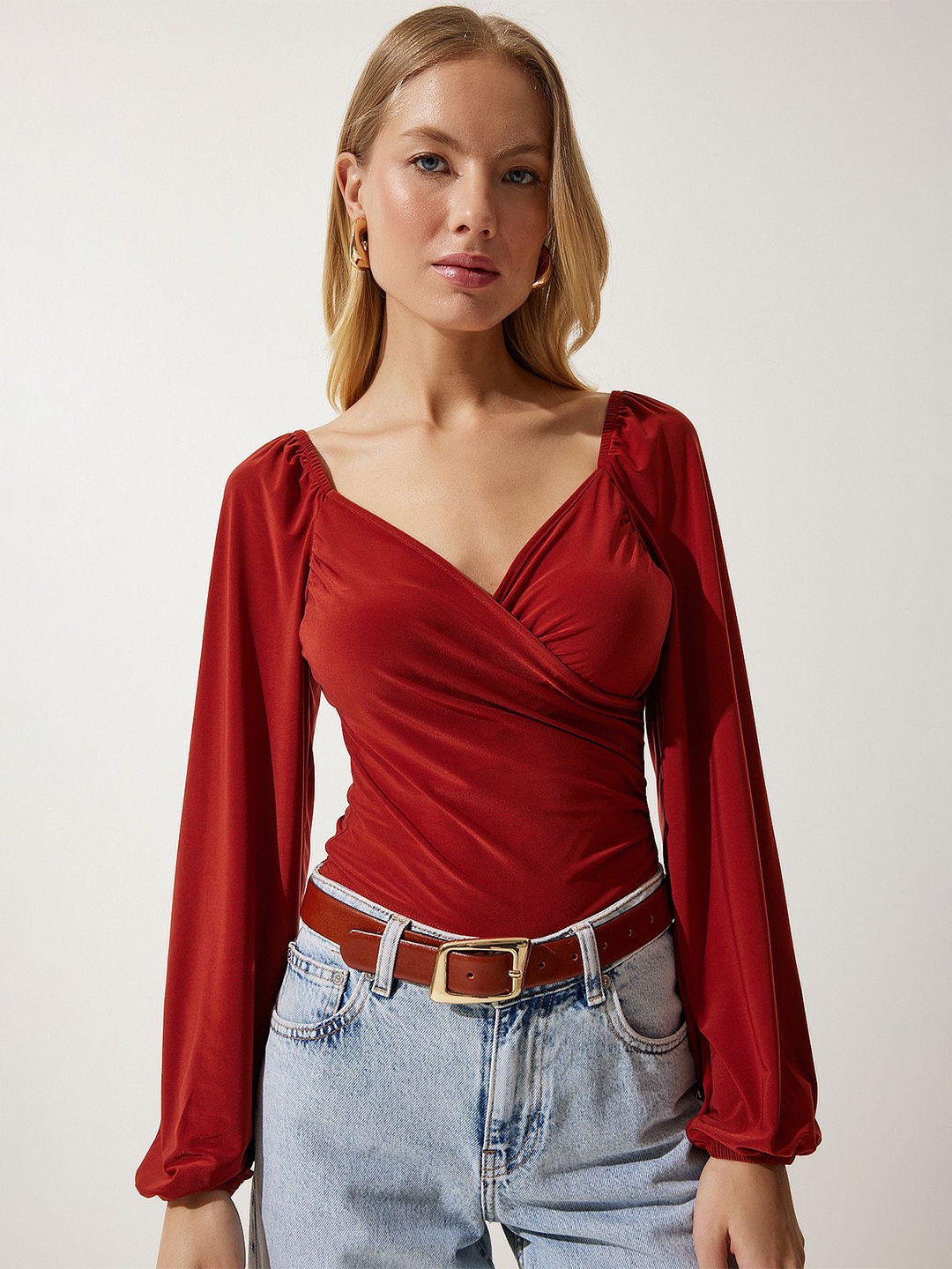 

Happiness istanbul Sweetheart Neck Puff Sleeve Regular Wrap Top, Red