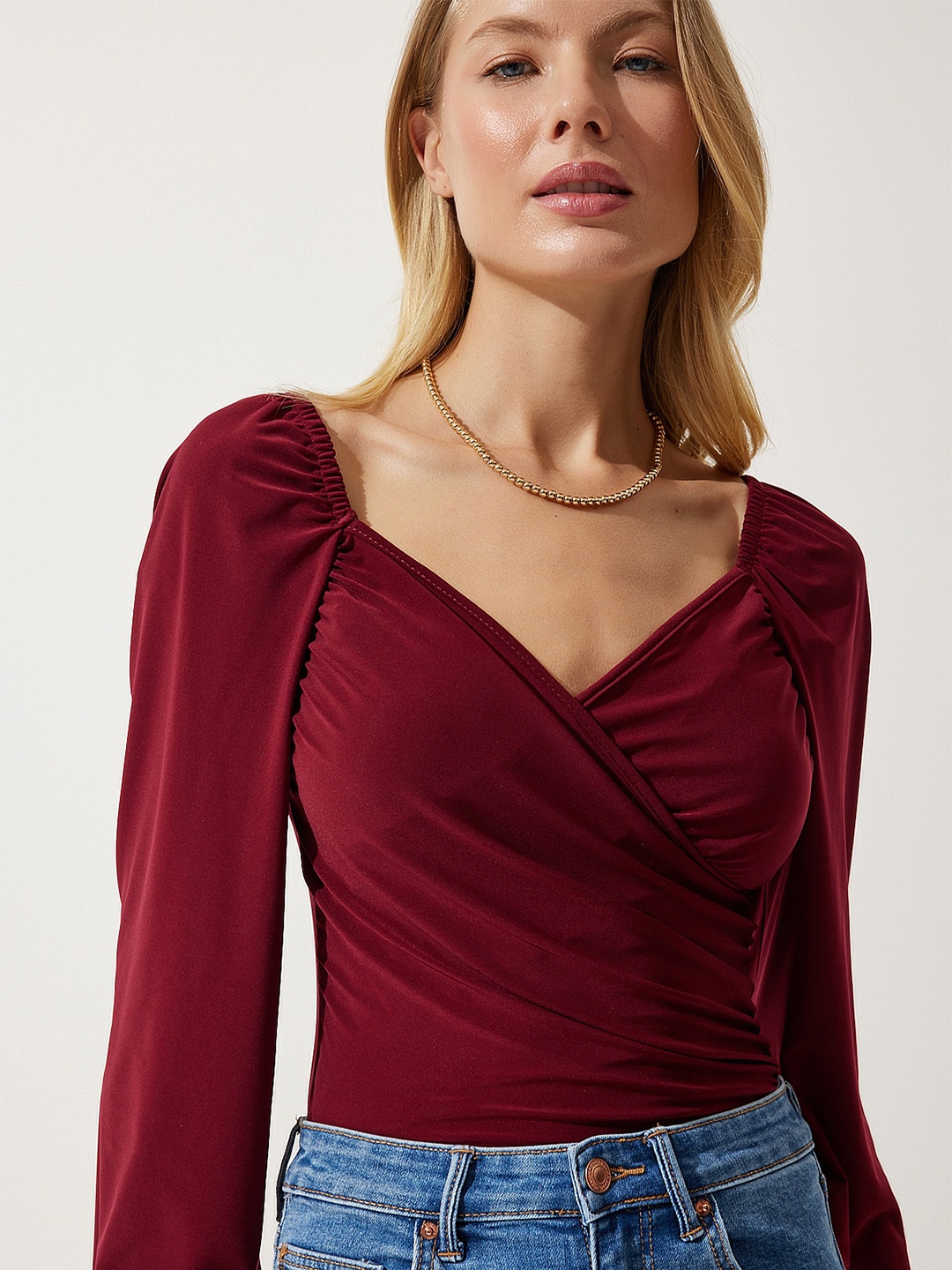 

Happiness istanbul Sweetheart Neck Puff Sleeve Regular Wrap Top, Burgundy