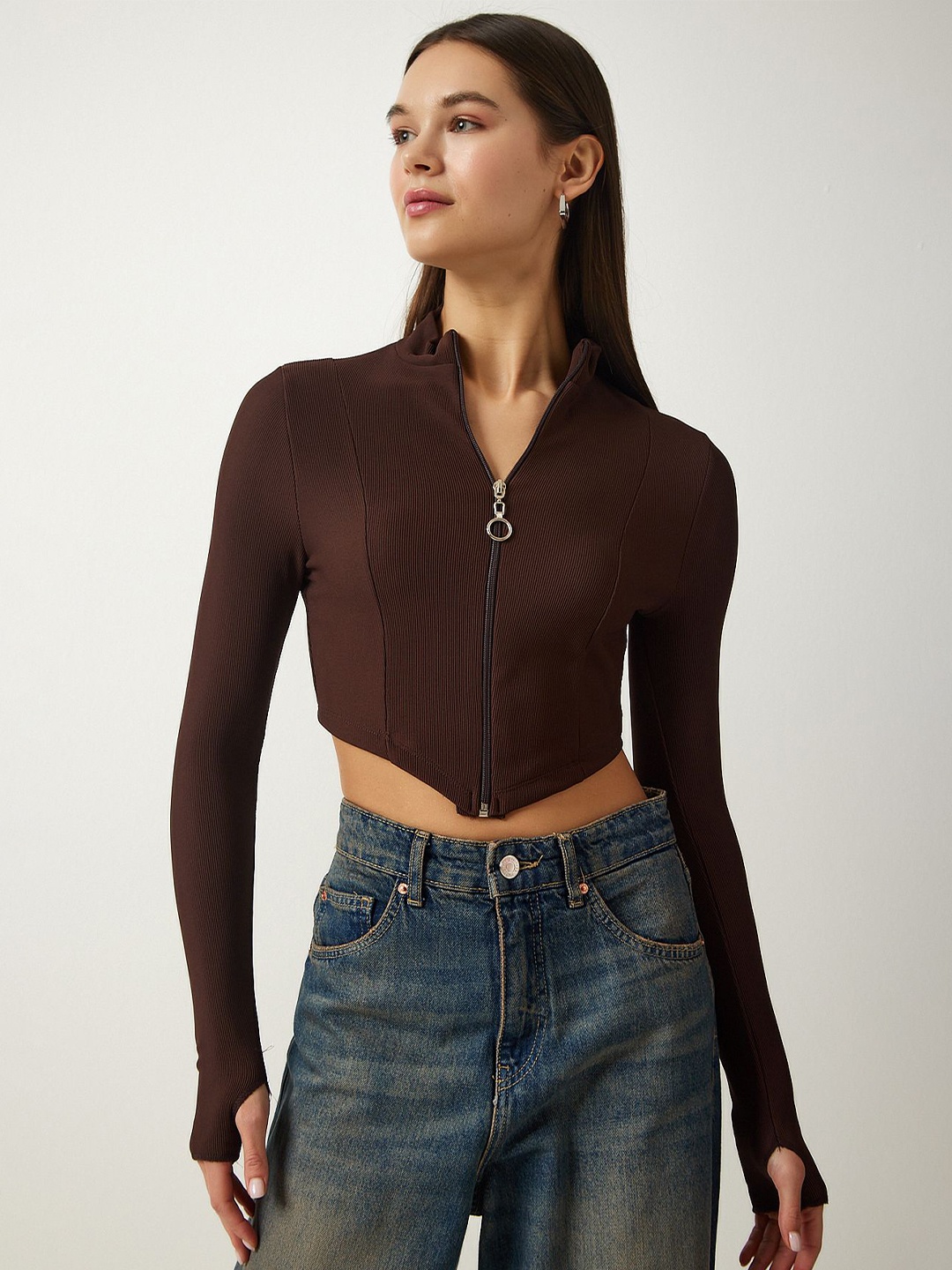 

Happiness istanbul Mandarin Collar Crop Top, Coffee brown