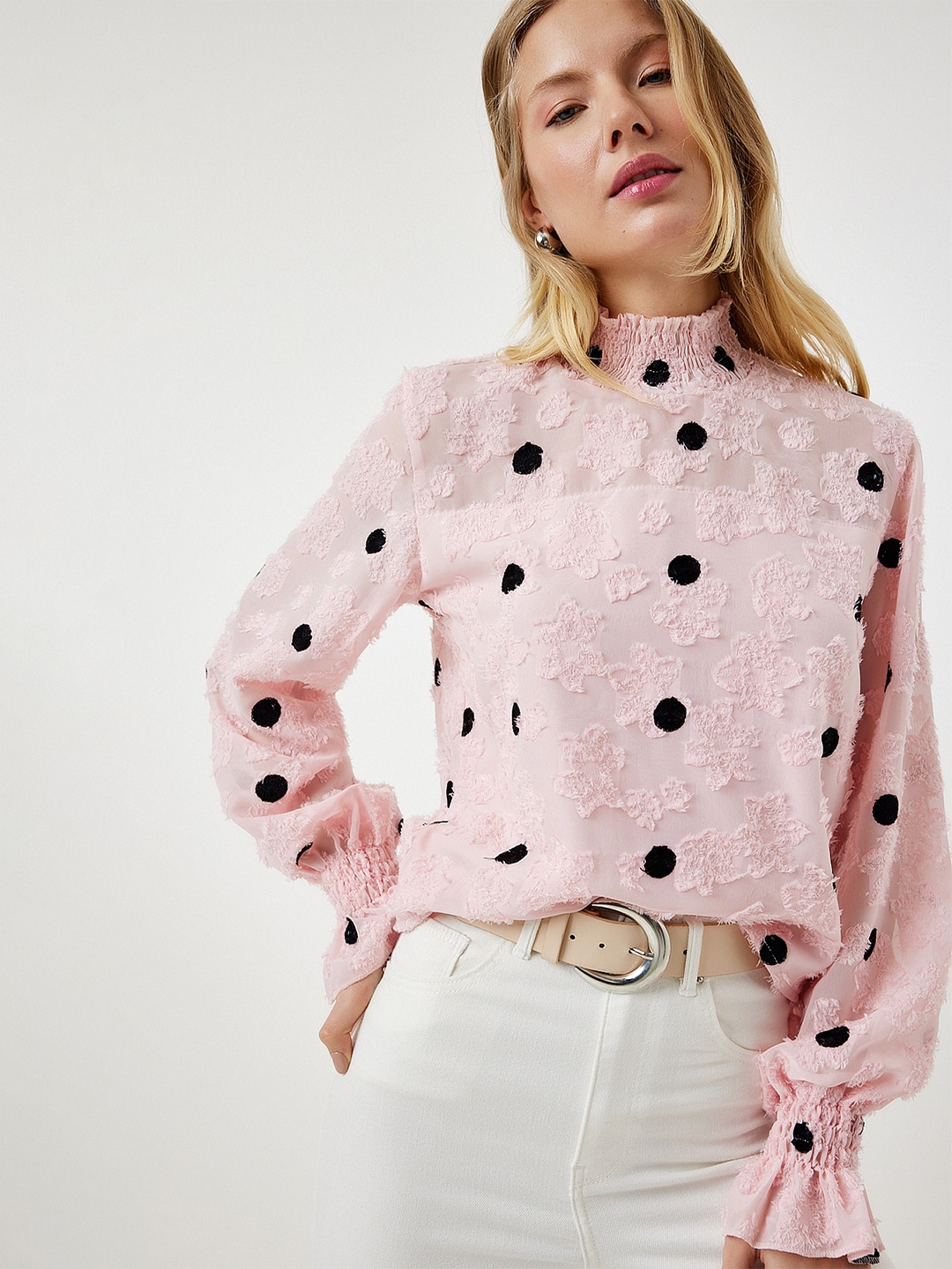 

Happiness istanbul High Neck Polka Dot Print Top, Pink