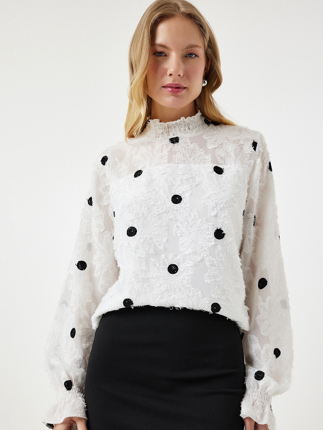 

Happiness istanbul Polka Dots Printed High Neck Bell Sleeves Regular Top, White