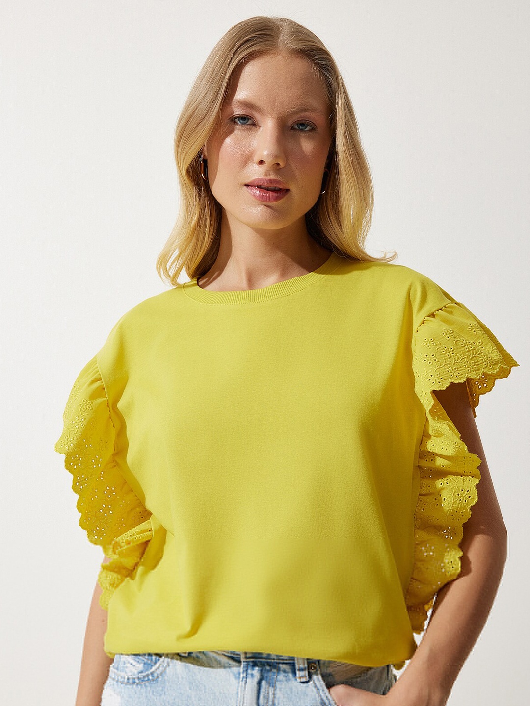 

Happiness istanbul Flutter Sleeve Solid Cotton Top, Yellow