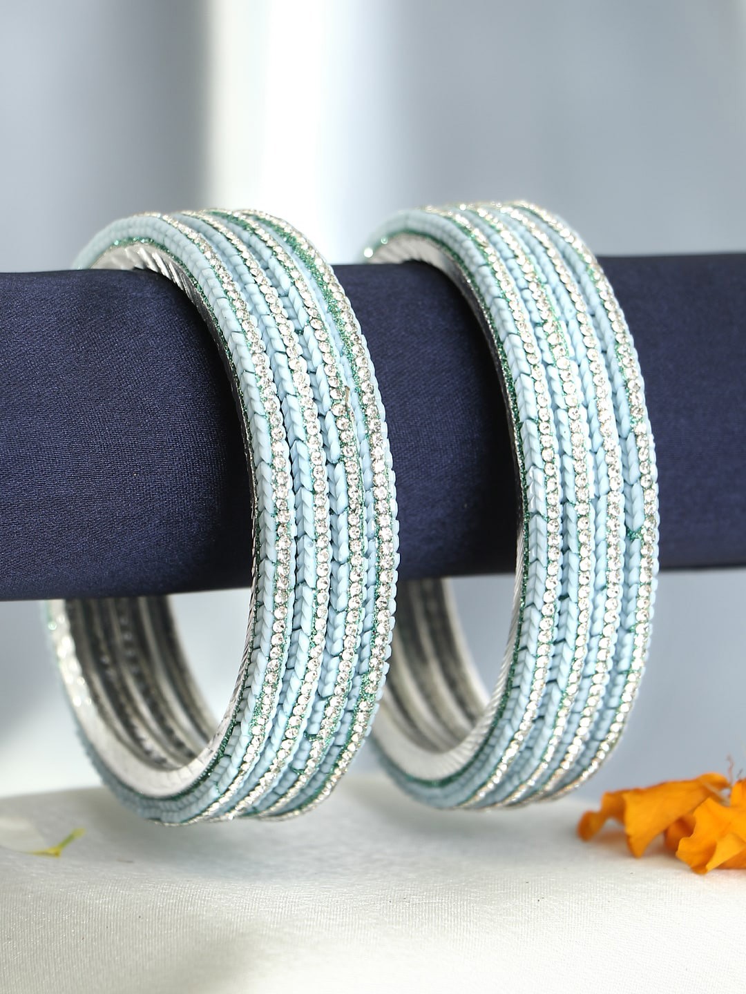 

Adwitiya Collection Set Of 8 Rhodium-Plated Stone-Studded Bangles, Silver
