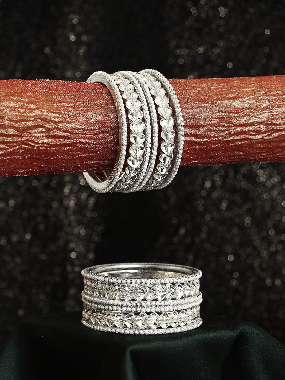 

Adwitiya Collection Set Of 12 Stone-Studded Bangles, Silver