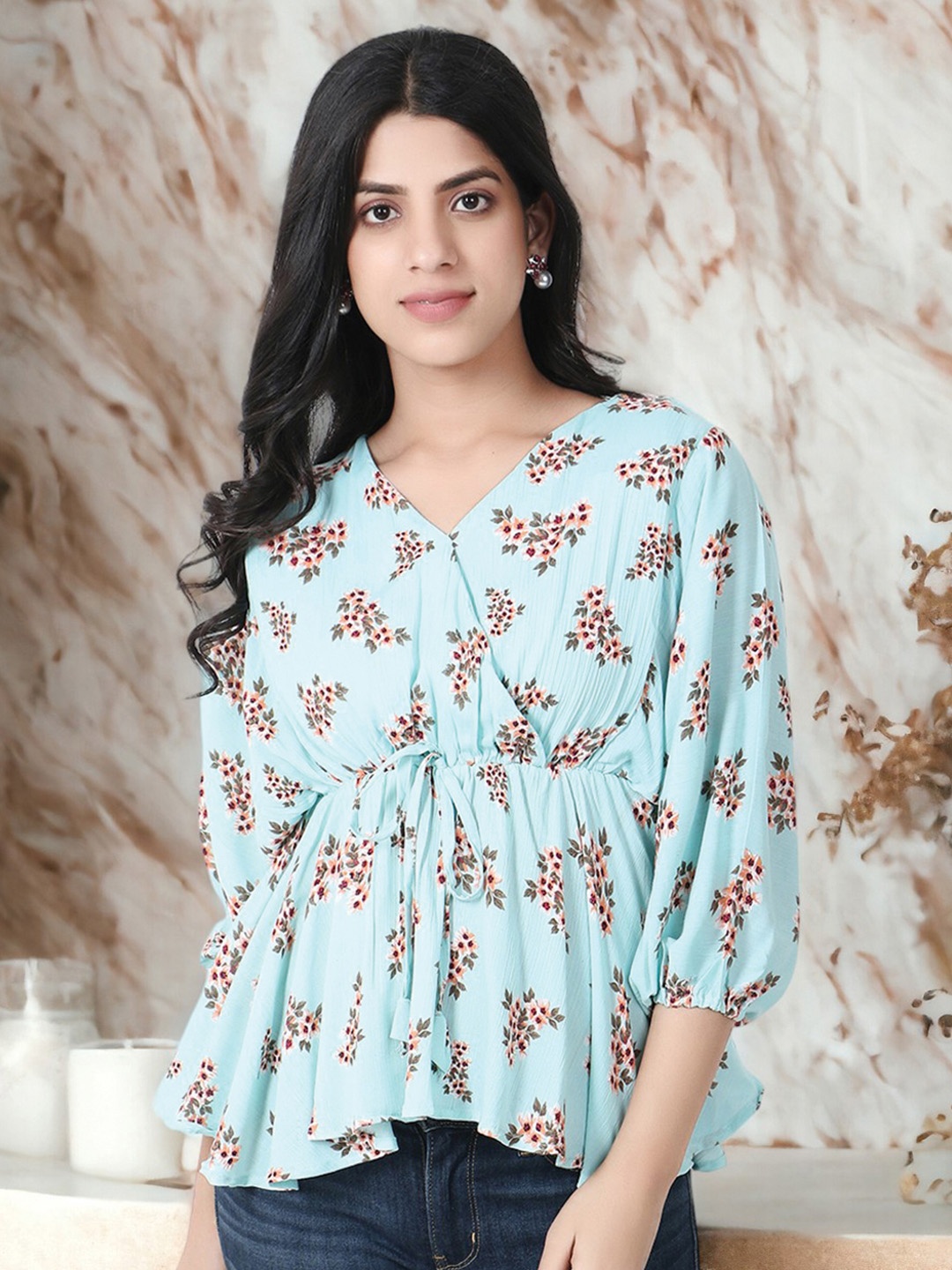 

Adwitiya collection Floral Printed V-Neck Puff Sleeves Top, Sea green