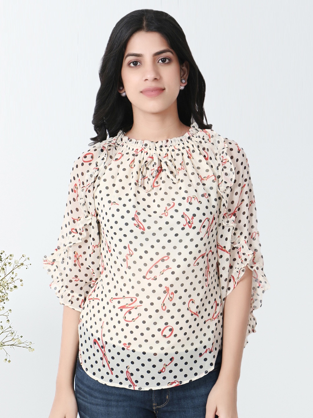 

Adwitiya collection Women Polka Dots Printed Flutter Sleeves Lace Inserts Top, Cream