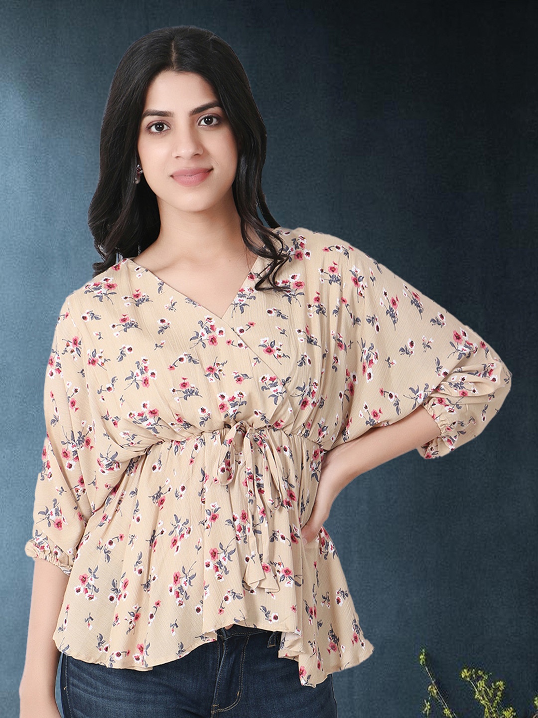 

Adwitiya collection Floral Printed V-Neck Puff Sleeves Top, Brown