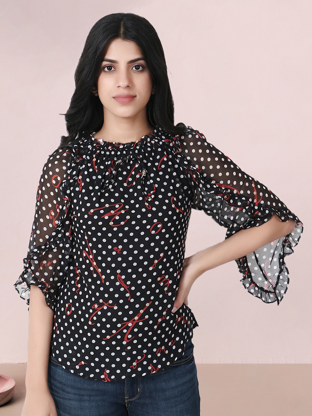 

Adwitiya collection Women Polka Dots Printed Flutter Sleeves Lace Inserts Top, Black