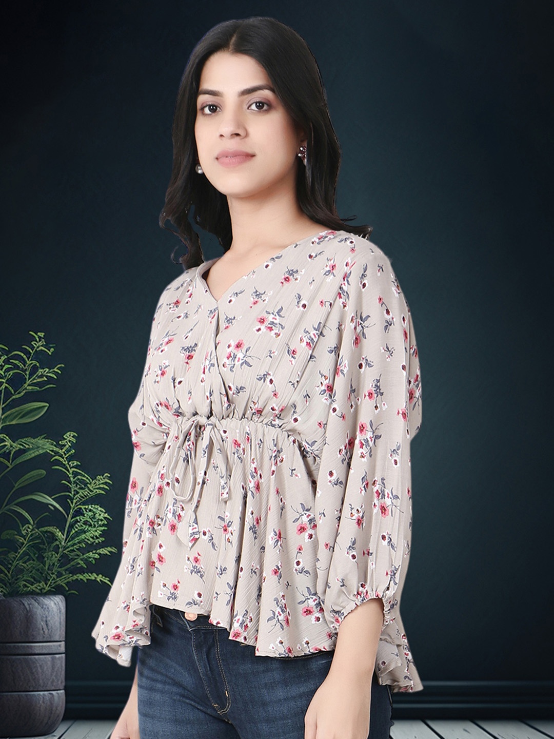 

Adwitiya collection Floral Printed V-Neck Puff Sleeves Top, Grey melange