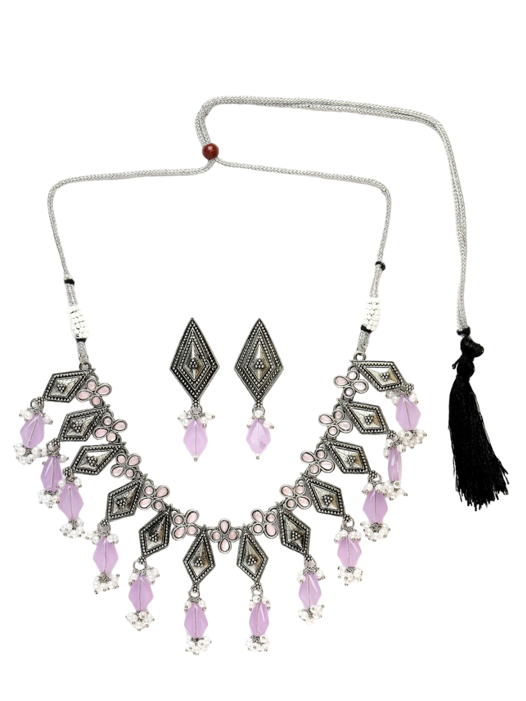 

ADIVA Silver-Plated Stones Studded & Beaded Necklace & Earrings