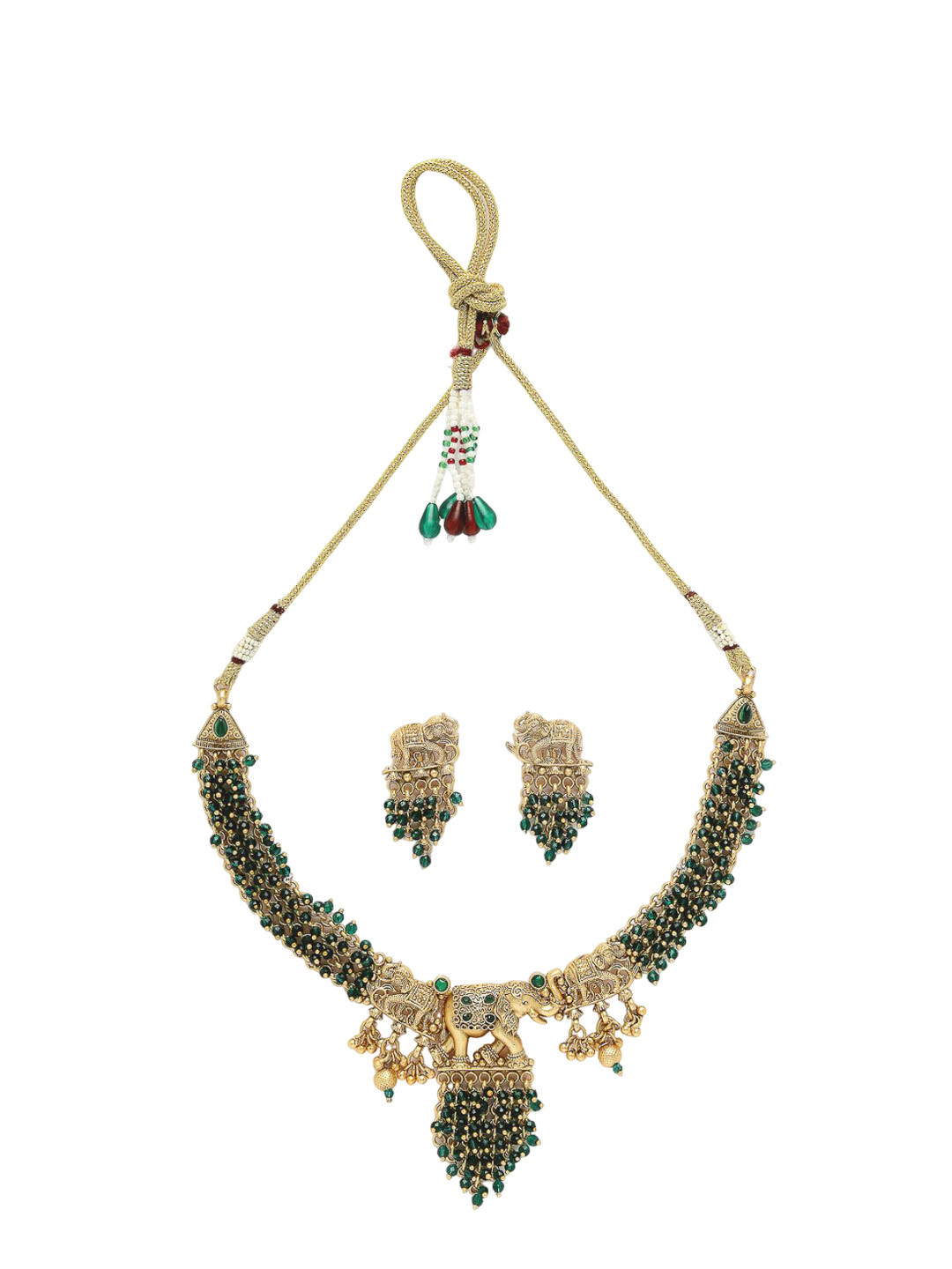 

ADIVA Gold-Plated Green & Gold Beaded Elephant Shaped Jewellery Set