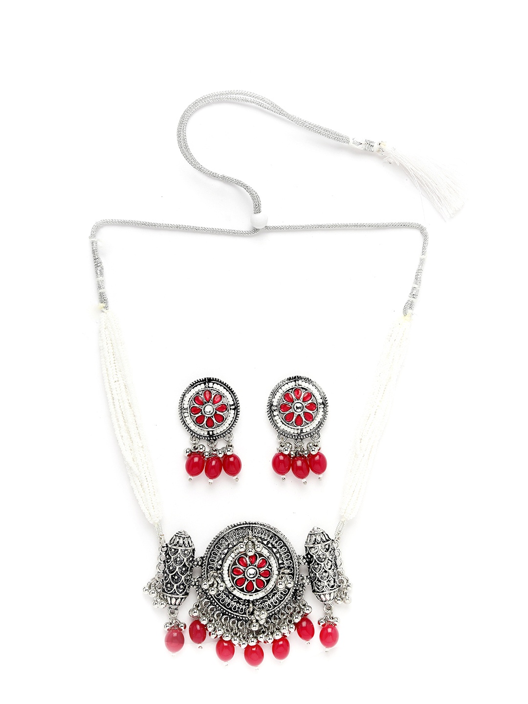 

ADIVA Silver-Plated Stone Studded & Beaded Oxidised Jewellery Set