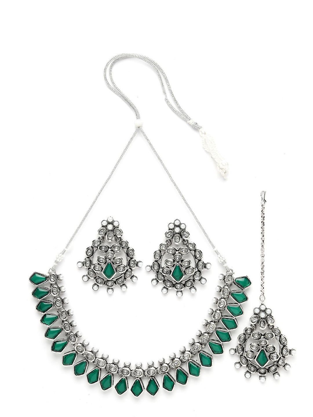 

ADIVA Silver-Plated Kundan Stone-Studded & Pearl BeadedJewellery Set