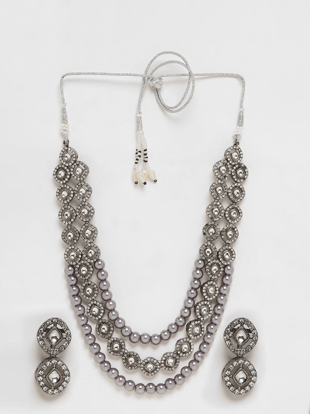 

ADIVA Rhodium-Plated American Diamond-Studded & Pearl Beaded Jewellery Set, Black