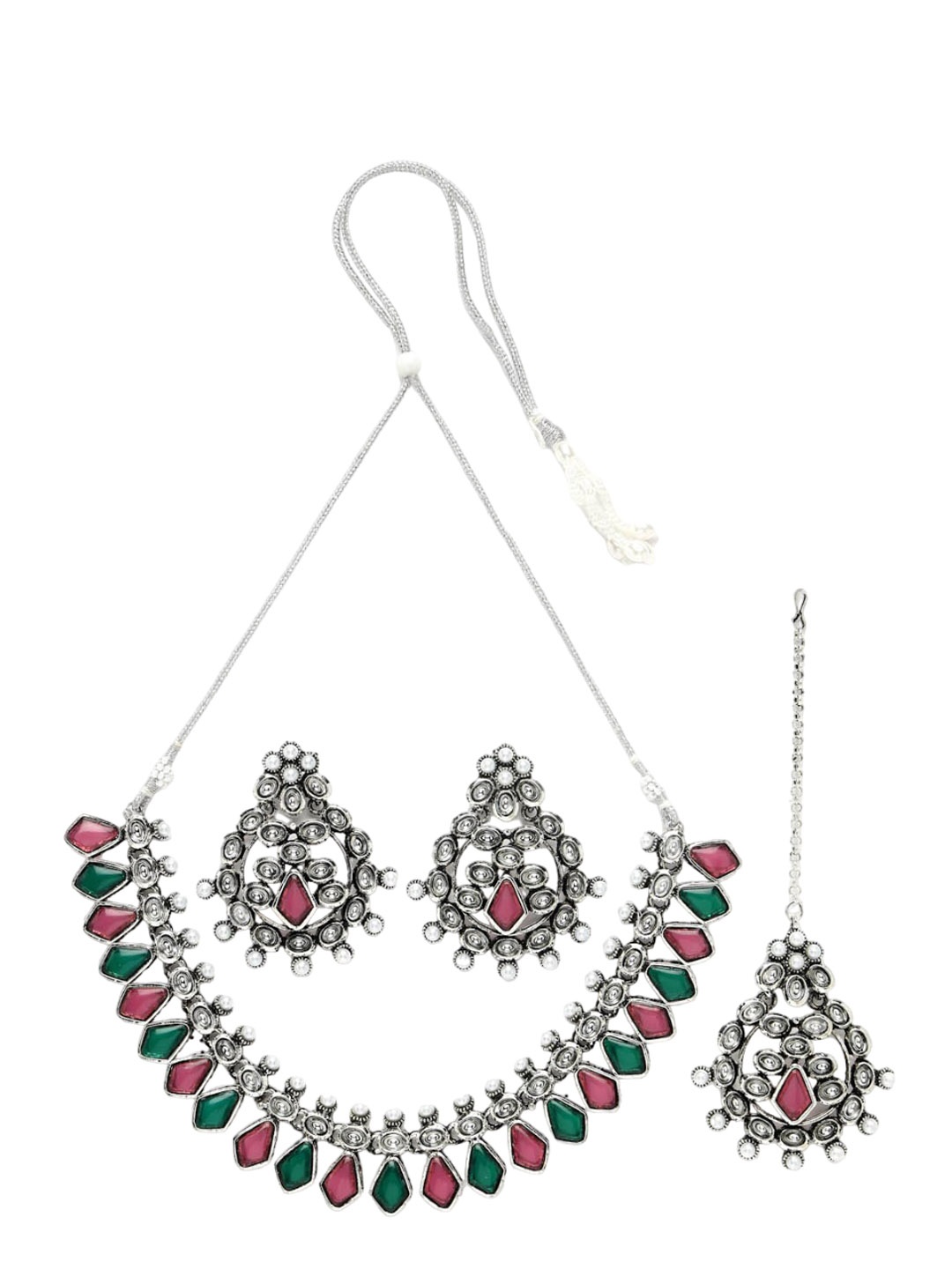 

ADIVA Silver-Plated Kundan-Studded & Beaded Oxidised Jewellery Set