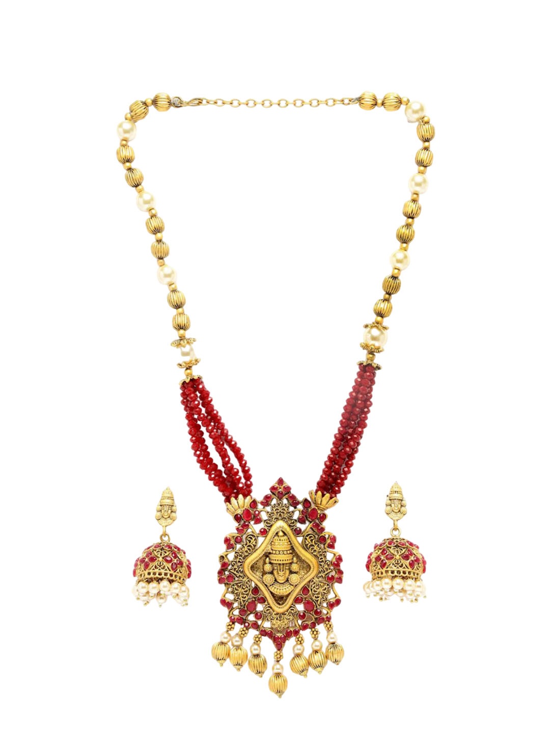 

ADIVA Gold-Plated Stone Studded & Beaded Temple Jewellery Set