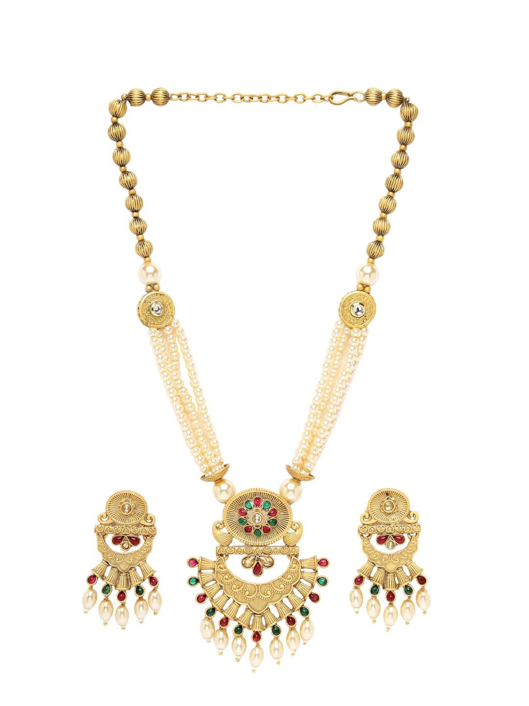 

ADIVA Gold-Plated Kundan Stone Studded & Beaded Jewellery Set