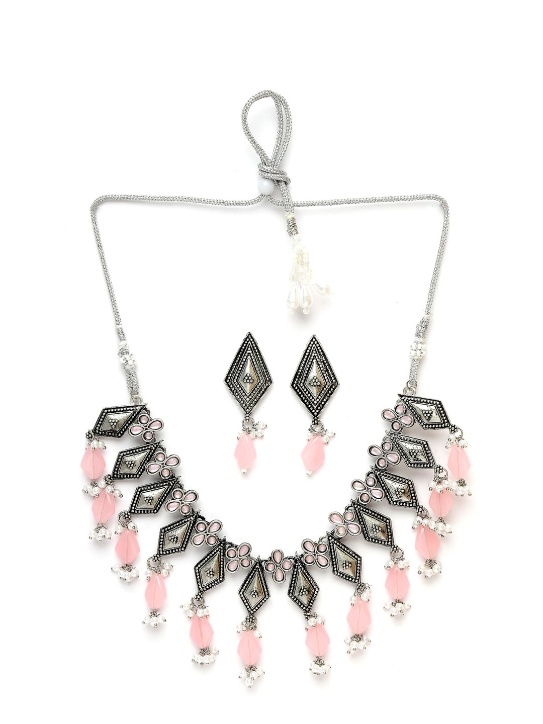 

ADIVA Silver-Plated Stone Studded & Beaded Oxidised Jewellery Set