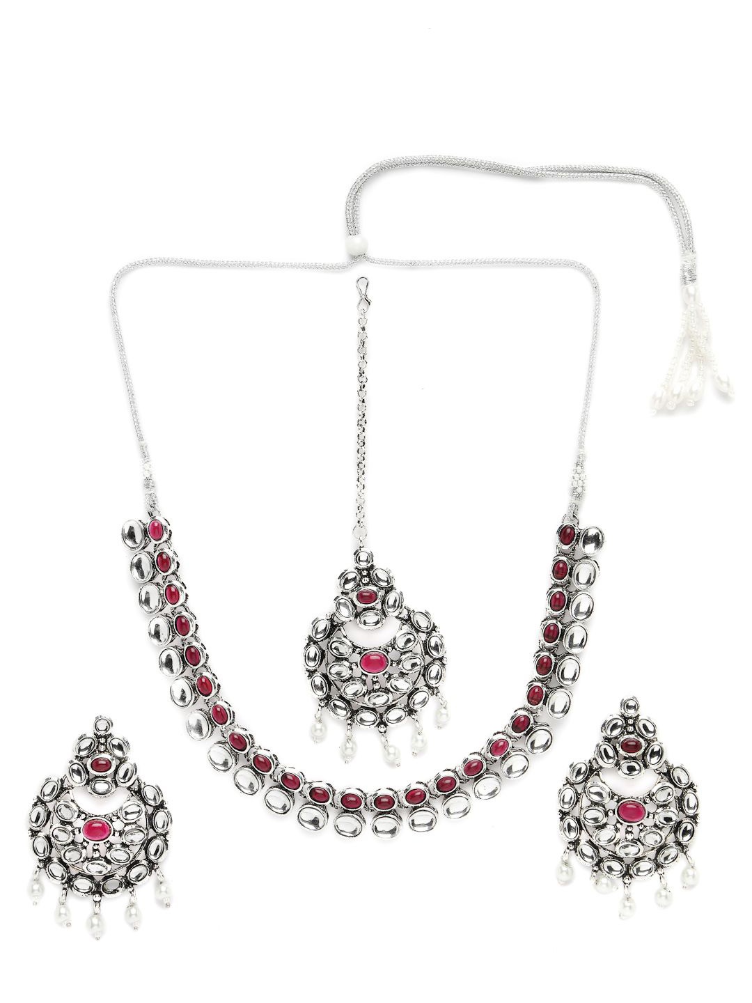 

ADIVA Silver-Plated Stone-Studded & Pearl Beaded Jewellery Set