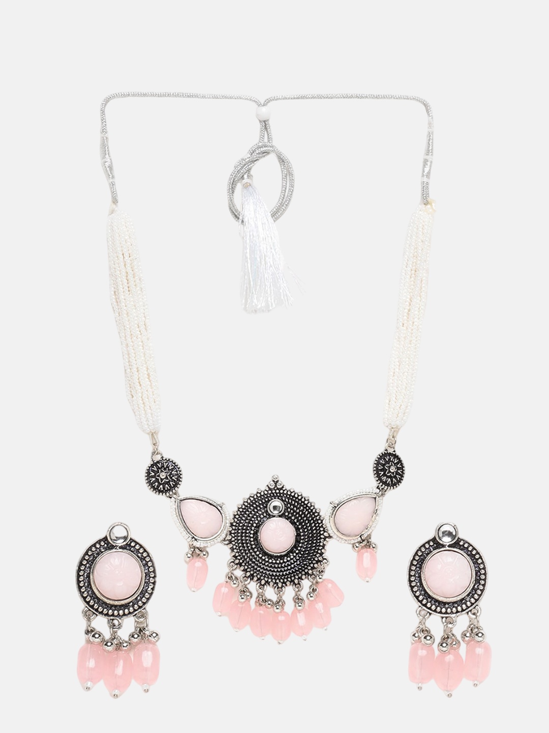 

ADIVA Silver-Plated Stones-Studded & Beaded Jewellery Set