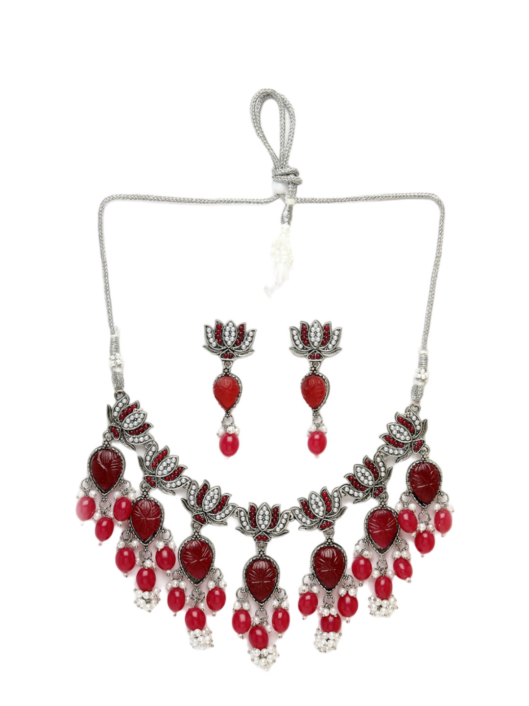 

ADIVA Silver-Plated Oxidized Pearl Beaded Necklace & Earrings