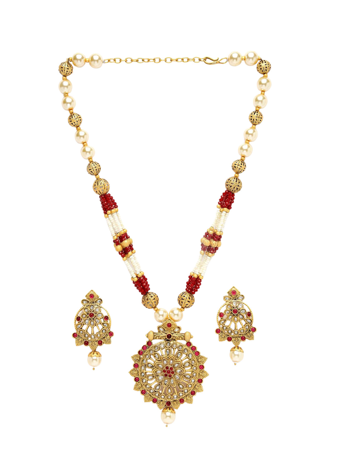 

ADIVA Gold-Plated Stone-Studded & Pearls Beaded Jewellery Set
