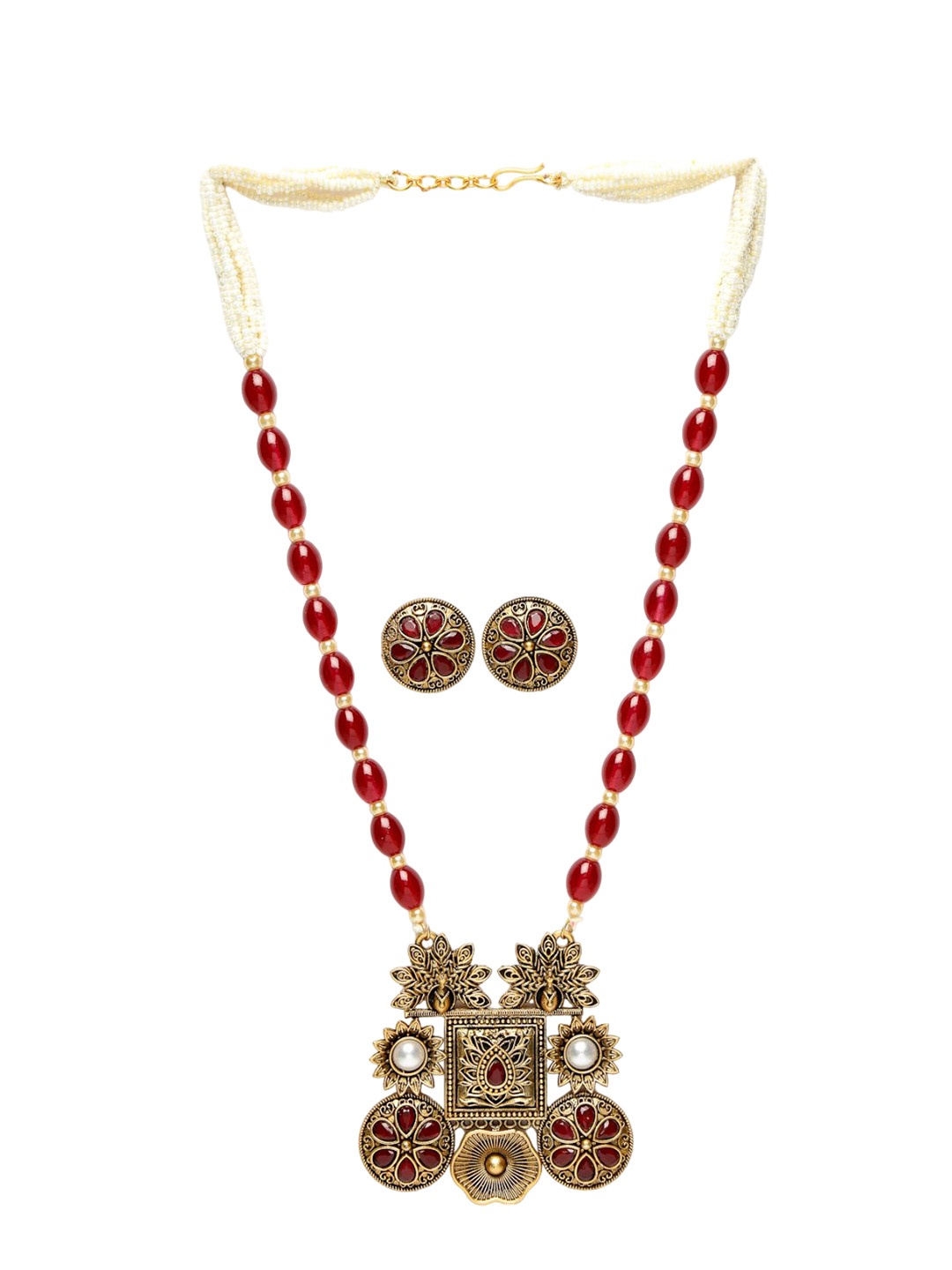 

ADIVA Gold-Plated Stone-Studded & Pearl-Beaded Peacock-Shaped Antique Jewellery Set