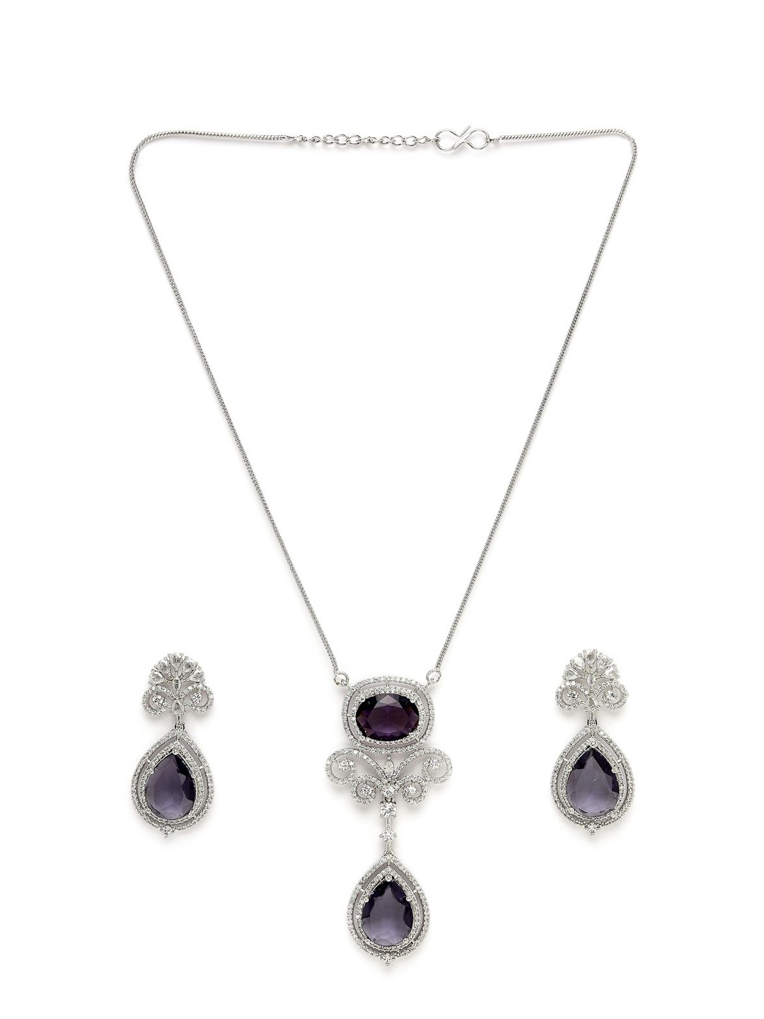 

ADIVA Silver-Plated Purple & Geometric American Diamond-Studded Jewellery Set