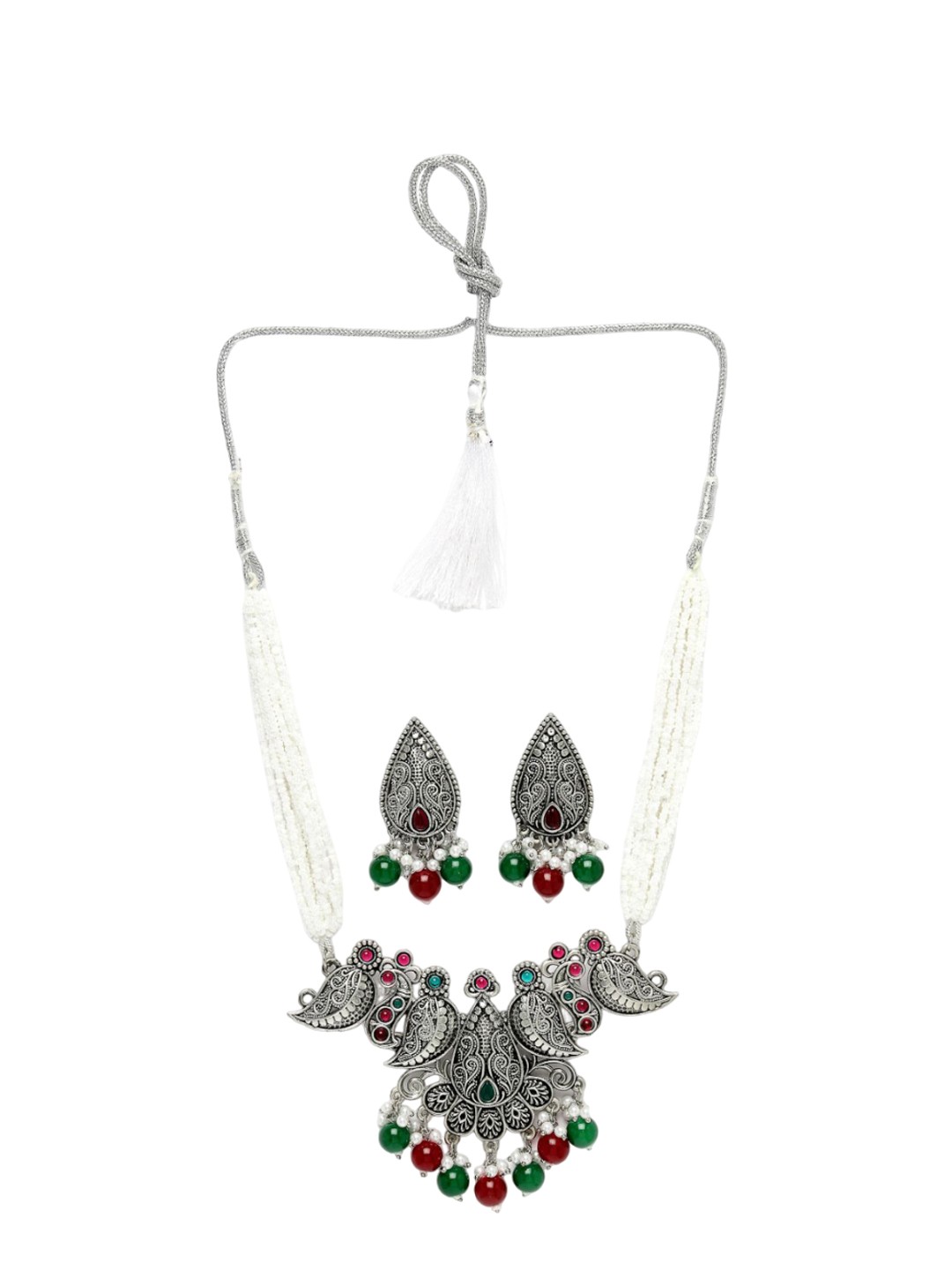 

ADIVA Sliver-Plated Stone-Studded & Beaded Jewellery Set, Silver
