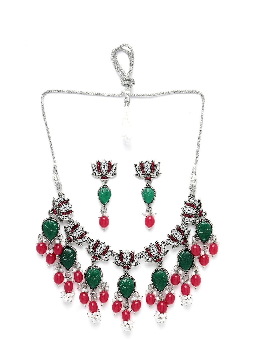 

ADIVA Silver-Plated Stone-Studded Beaded Floral-Shaped Oxidised Necklace & Earrings