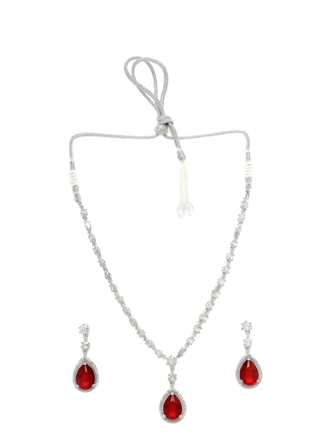 

ADIVA Silver-Plated Red & AD Stone Studded Handcrafted Jewellery Set