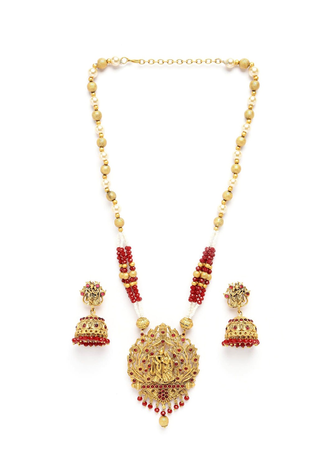 

ADIVA Gold-Plated Stone-Studded & Beaded Temple Jewellery Set