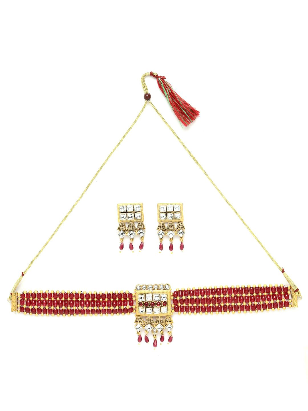 

ADIVA Gold-Plated Stone-Studded & Beaded Jewellery Set
