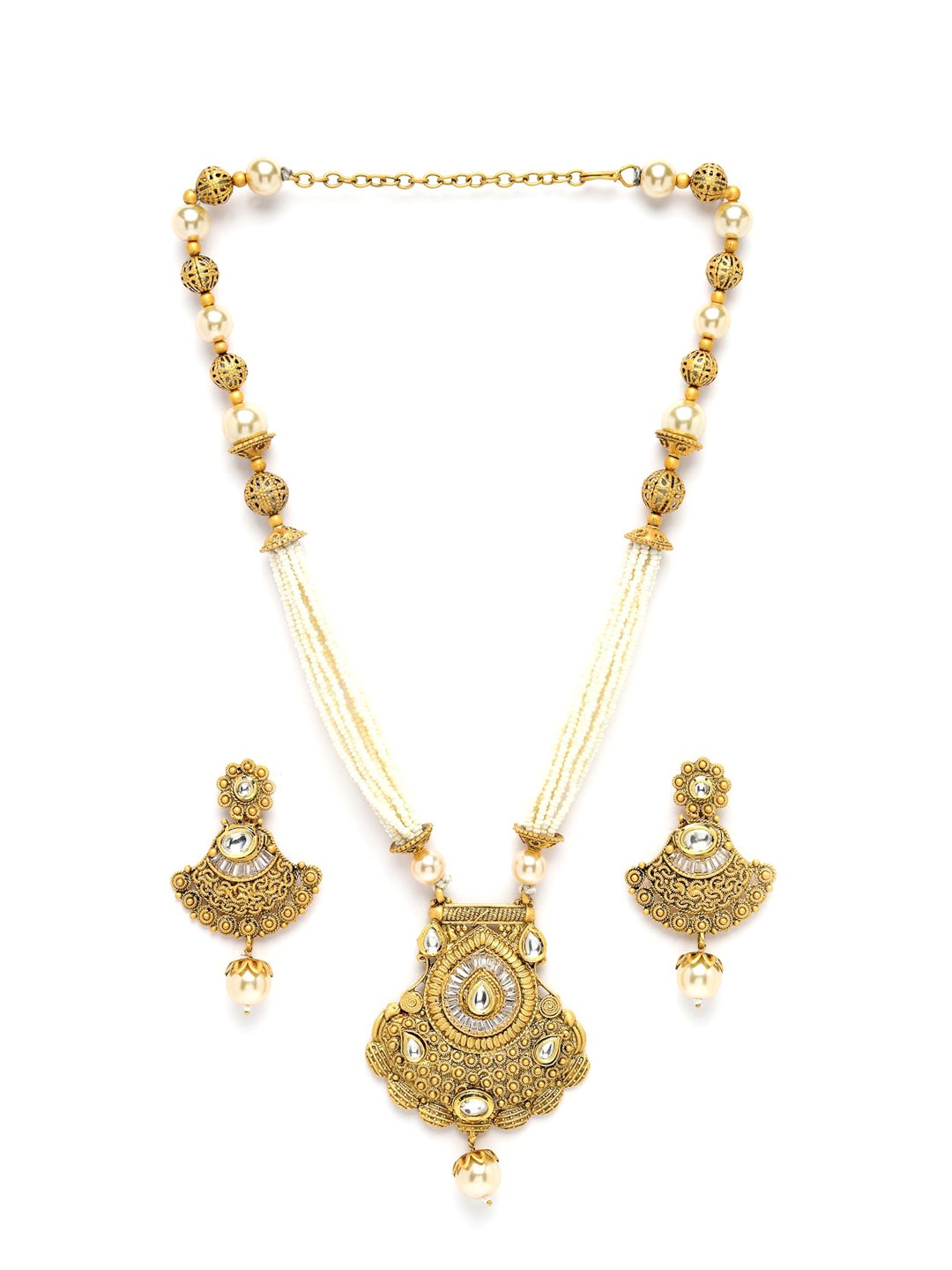 

ADIVA Gold-Plated Kundan-Studded & Pearl-Beaded Necklace & Earrings